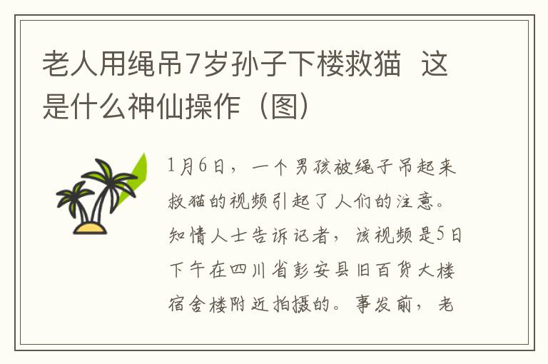 老人用绳吊7岁孙子下楼救猫  这是什么神仙操作（图）