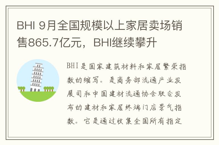 BHI 9月全国规模以上家居卖场销售865.7亿元，BHI继续攀升