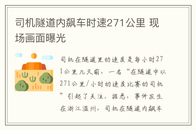 司机隧道内飙车时速271公里 现场画面曝光