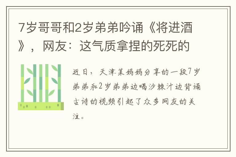 7岁哥哥和2岁弟弟吟诵《将进酒》，网友：这气质拿捏的死死的！