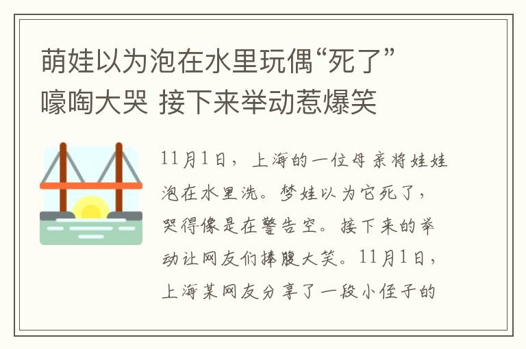 萌娃以为泡在水里玩偶“死了”嚎啕大哭 接下来举动惹爆笑