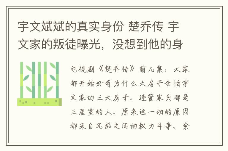 宇文斌斌的真实身份 楚乔传 宇文家的叛徒曝光，没想到他的身份如此特殊，险些害死赵丽颖