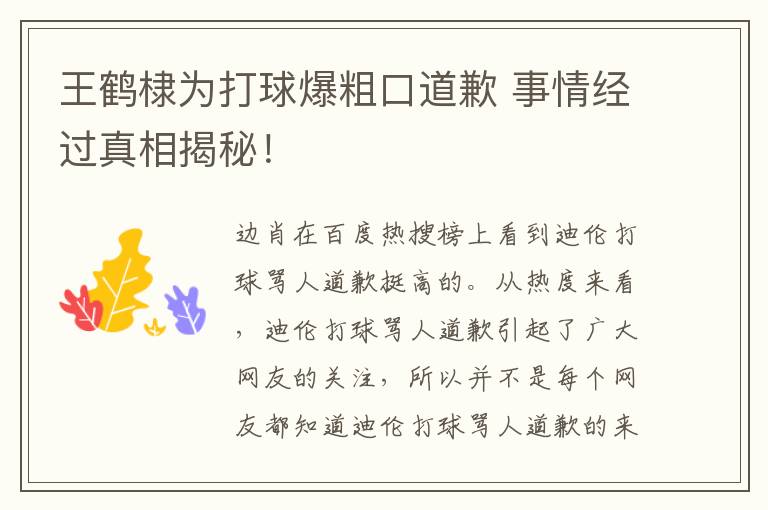 王鹤棣为打球爆粗口道歉 事情经过真相揭秘！