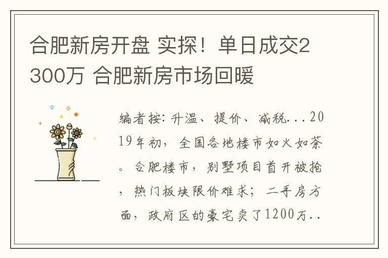 合肥新房开盘 实探！单日成交2300万 合肥新房市场回暖
