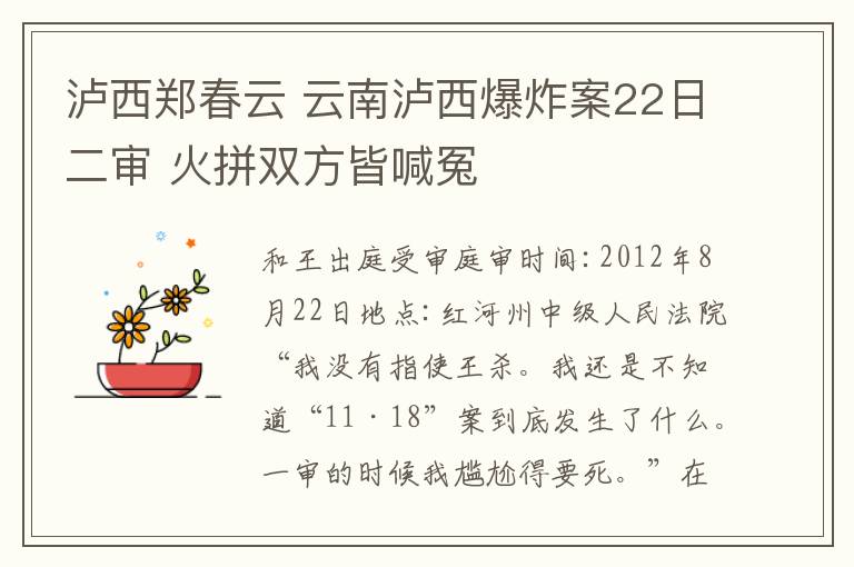 泸西郑春云 云南泸西爆炸案22日二审 火拼双方皆喊冤