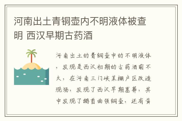 河南出土青铜壶内不明液体被查明 西汉早期古药酒