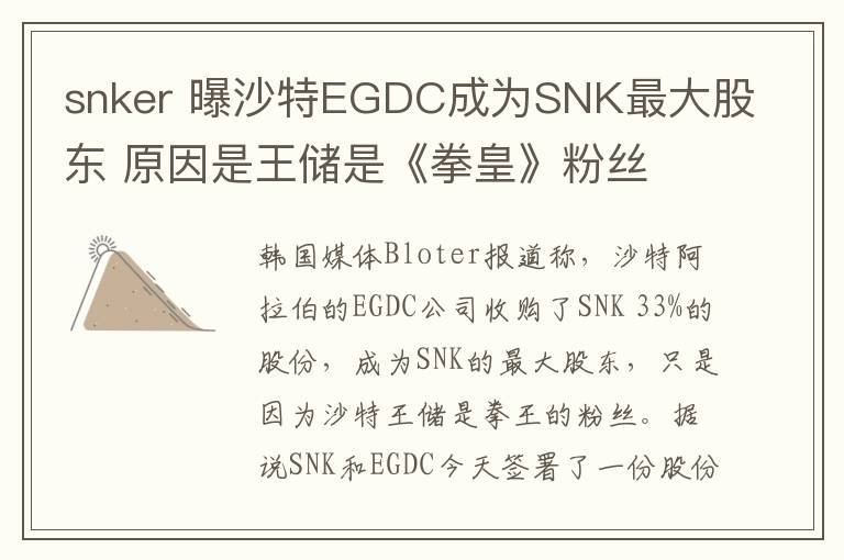 snker 曝沙特EGDC成为SNK最大股东 原因是王储是《拳皇》粉丝