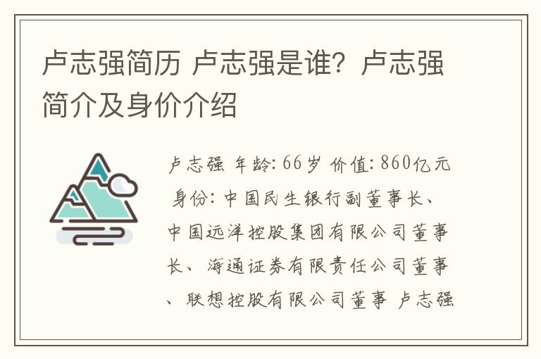 卢志强简历 卢志强是谁？卢志强简介及身价介绍