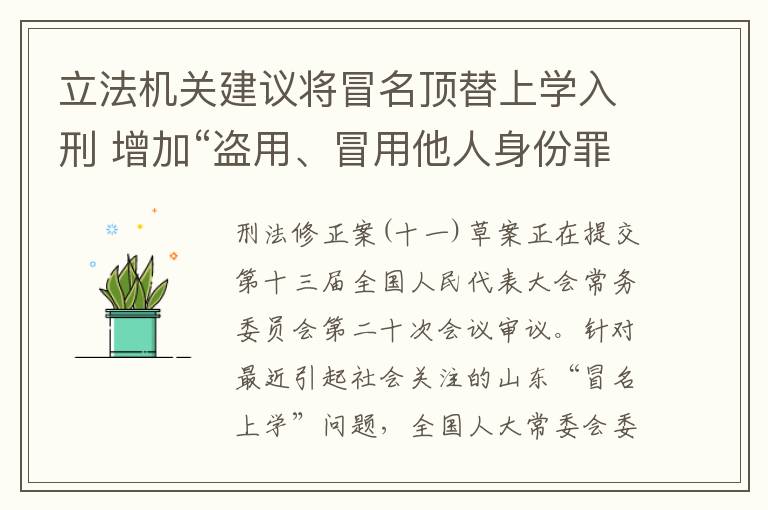 立法机关建议将冒名顶替上学入刑 增加“盗用、冒用他人身份罪”