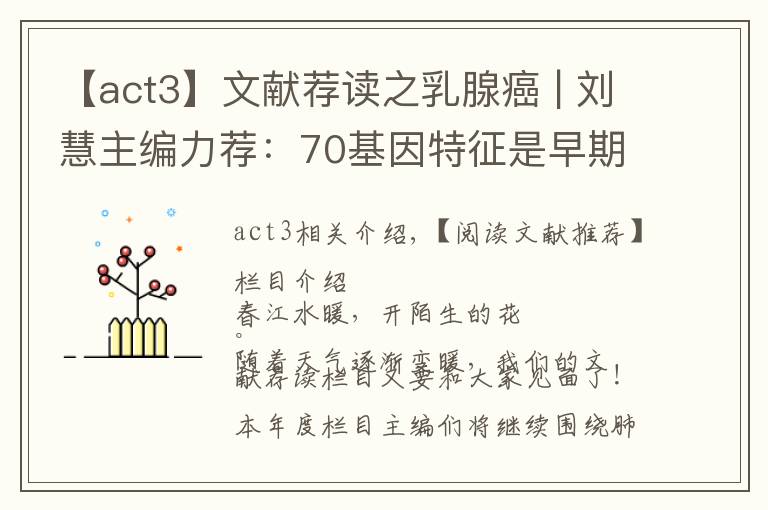 【act3】文献荐读之乳腺癌 | 刘慧主编力荐：70基因特征是早期乳腺癌治疗决策辅助手段MINDACT3期试验按年龄进行探索性分析的最新结果