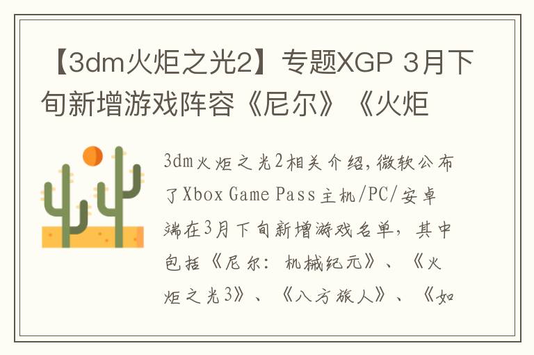 【3dm火炬之光2】专题XGP 3月下旬新增游戏阵容《尼尔》《火炬之光3》等