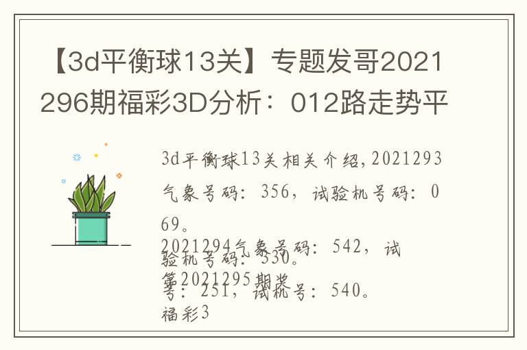 【3d平衡球13关】专题发哥2021296期福彩3D分析：012路走势平衡，双胆看好5、7