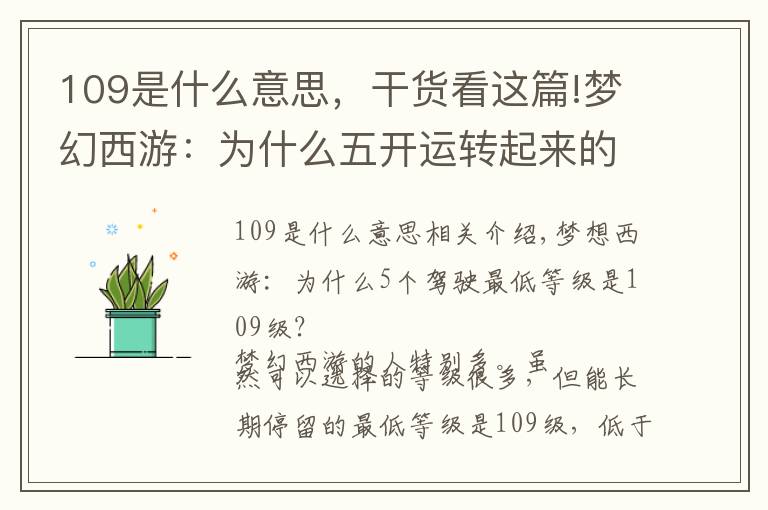 109是什么意思，干货看这篇!梦幻西游：为什么五开运转起来的最低等级是109级