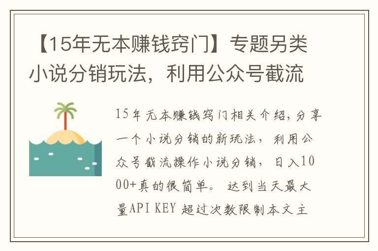 【15年无本赚钱窍门】专题另类小说分销玩法，利用公众号截流，日入1000+很简单