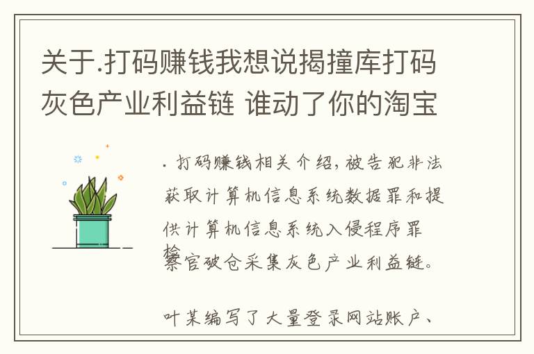 关于.打码赚钱我想说揭撞库打码灰色产业利益链 谁动了你的淘宝账号？