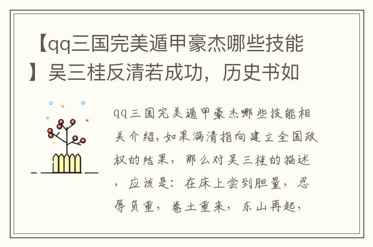 【qq三国完美遁甲豪杰哪些技能】吴三桂反清若成功，历史书如何描述他的经历并为其洗白？
