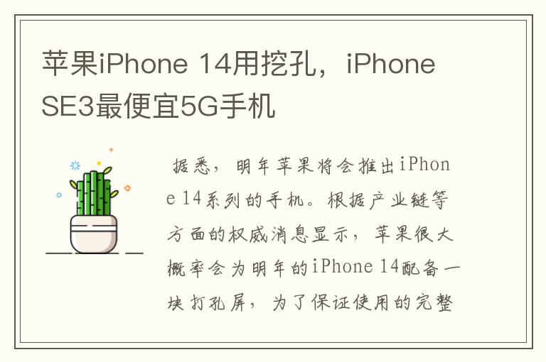 苹果iPhone 14用挖孔，iPhone SE3最便宜5G手机
