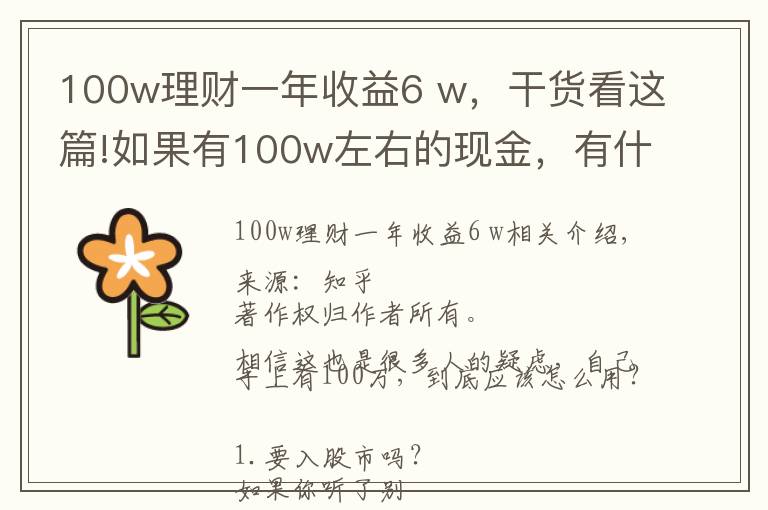 100w理财一年收益6 w，干货看这篇!如果有100w左右的现金，有什么好的理财方式？