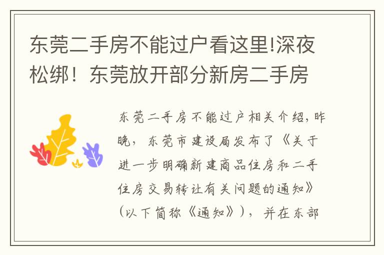 东莞二手房不能过户看这里!深夜松绑！东莞放开部分新房二手房转让限制，限售被突破？| 幸福城市观察