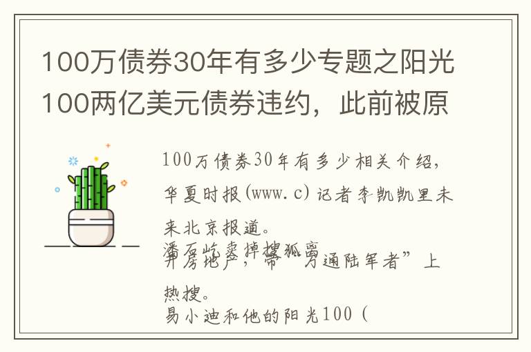 100万债券30年有多少专题之阳光100两亿美元债券违约，此前被原高层举报19.8亿元贷款不合规「企业观察」