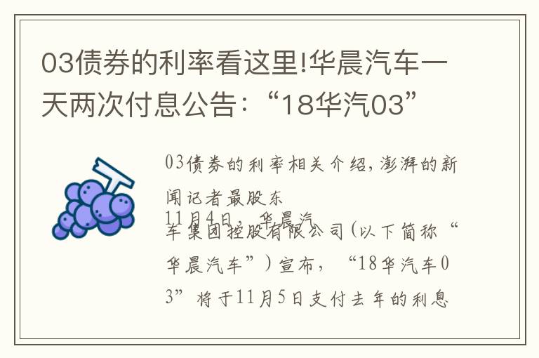 03债券的利率看这里!华晨汽车一天两次付息公告：“18华汽03”11月5日付息