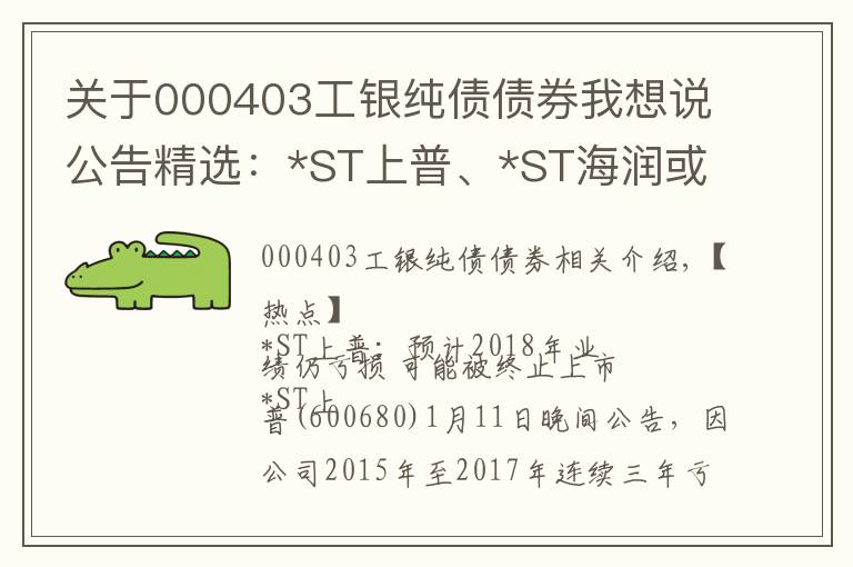 关于000403工银纯债债券我想说公告精选：*ST上普、*ST海润或被终止上市；碧水源等控制权或变更