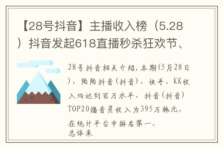 【28号抖音】主播收入榜（5.28）抖音发起618直播秒杀狂欢节、内测新功能相关