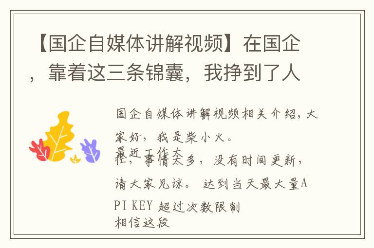 【国企自媒体讲解视频】在国企，靠着这三条锦囊，我挣到了人生第一个100万