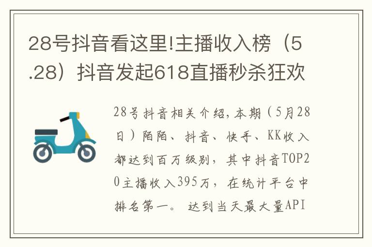 28号抖音看这里!主播收入榜（5.28）抖音发起618直播秒杀狂欢节、内测新功能相关