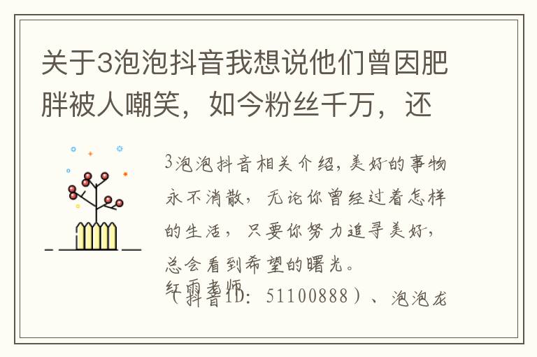 关于3泡泡抖音我想说他们曾因肥胖被人嘲笑，如今粉丝千万，还跟汪涵、陈赫约饭……