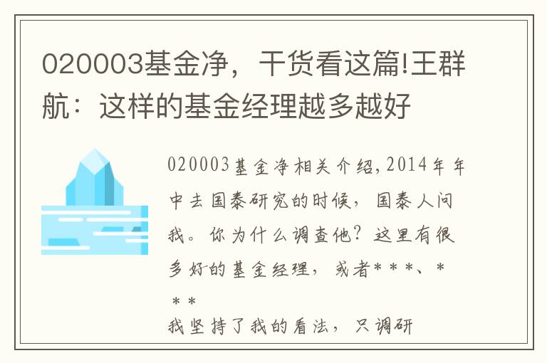 020003基金净，干货看这篇!王群航：这样的基金经理越多越好