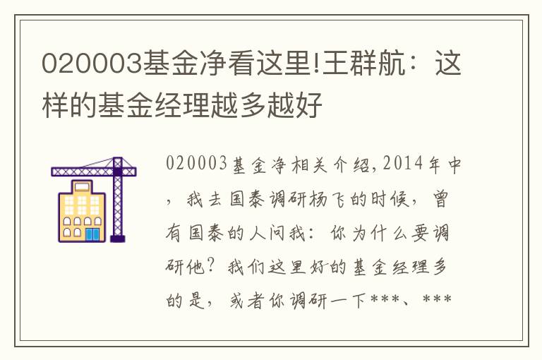 020003基金净看这里!王群航：这样的基金经理越多越好