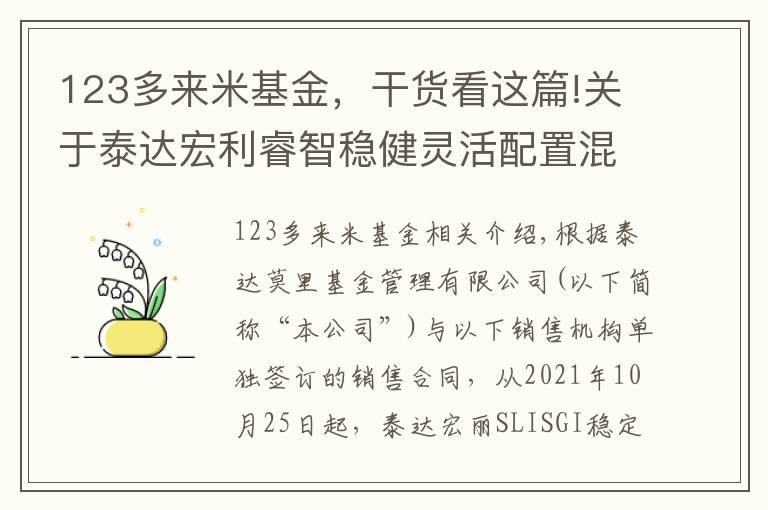 123多来米基金，干货看这篇!关于泰达宏利睿智稳健灵活配置混合型证券投资基金C类份额新增诺亚正行基金 销售有限公司等34家公司为销售机构的公告