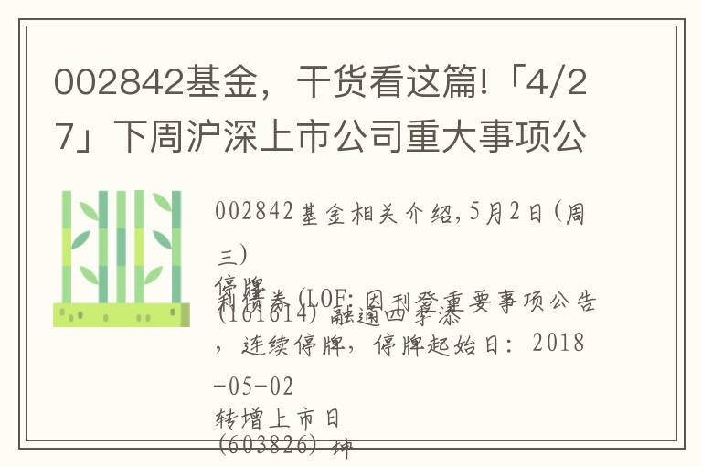 002842基金，干货看这篇!「4/27」下周沪深上市公司重大事项公告最新快递