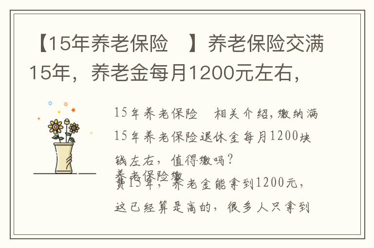 【15年养老保险 】养老保险交满15年，养老金每月1200元左右，值得缴吗？