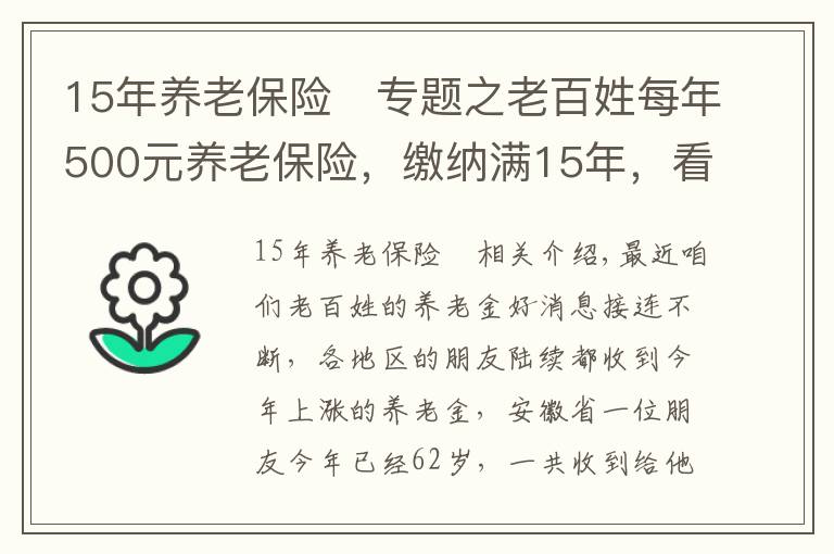 15年养老保险	专题之老百姓每年500元养老保险，缴纳满15年，看看每月领取多少？