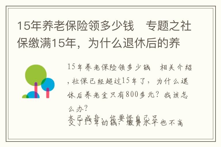 15年养老保险领多少钱	专题之社保缴满15年，为什么退休后的养老金才800多元？应该怎么办？