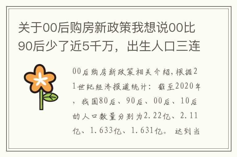 关于00后购房新政策我想说00比90后少了近5千万，出生人口三连跌，十年后，靠谁买房呢