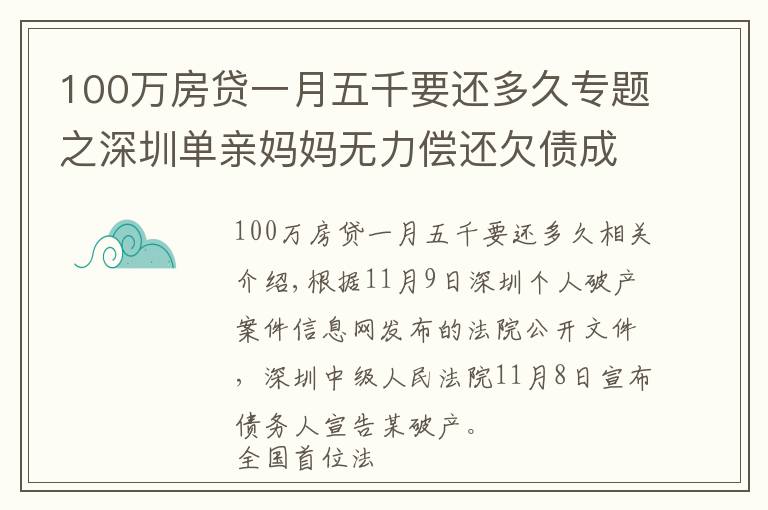 100万房贷一月五千要还多久专题之深圳单亲妈妈无力偿还欠债成全国首位个人“破产人”