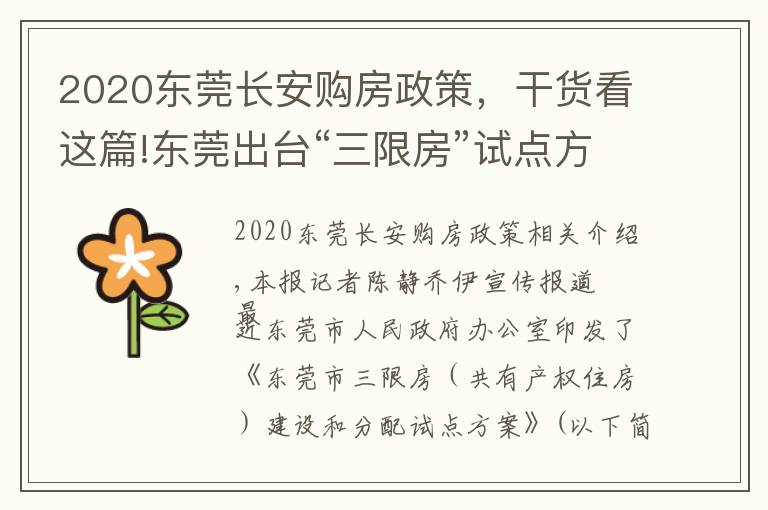 2020东莞长安购房政策，干货看这篇!东莞出台“三限房”试点方案：符合条件可购完全产权