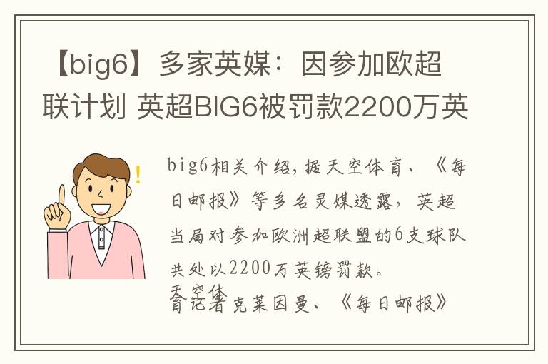 【big6】多家英媒：因参加欧超联计划 英超BIG6被罚款2200万英镑