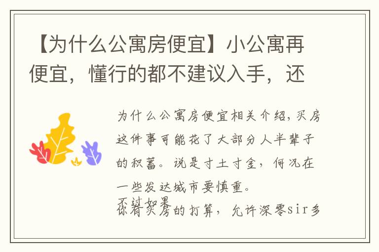 【为什么公寓房便宜】小公寓再便宜，懂行的都不建议入手，还不是因为这4大“硬伤”