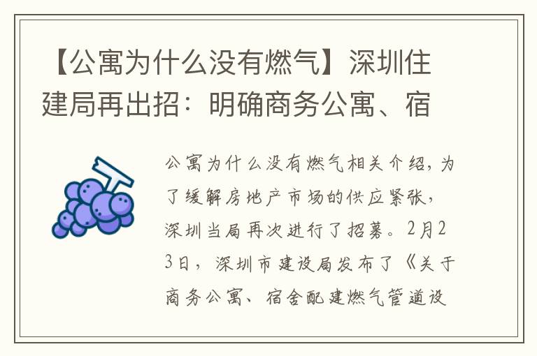 【公寓为什么没有燃气】深圳住建局再出招：明确商务公寓、宿舍可通燃气，缓解居住产品供应紧张局面