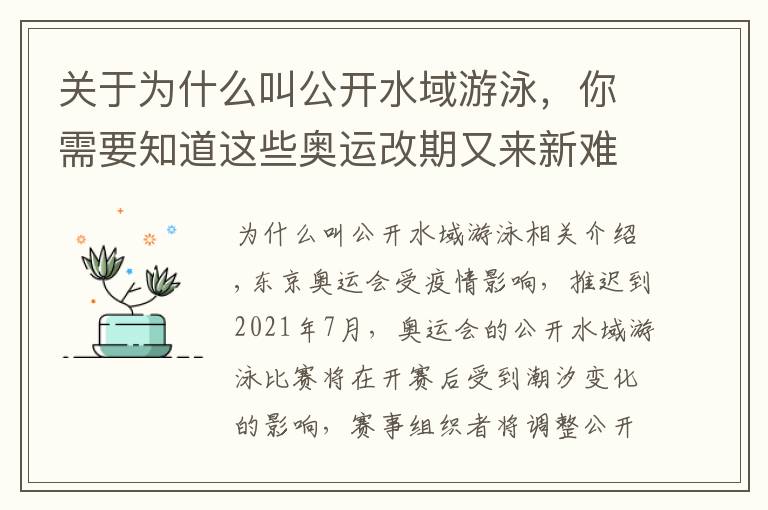 关于为什么叫公开水域游泳，你需要知道这些奥运改期又来新难题，公开水域游泳路线需调整，比赛地更饱受非议