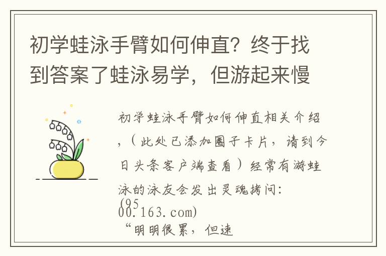 初学蛙泳手臂如何伸直？终于找到答案了蛙泳易学，但游起来慢？可能你忽略了这一点