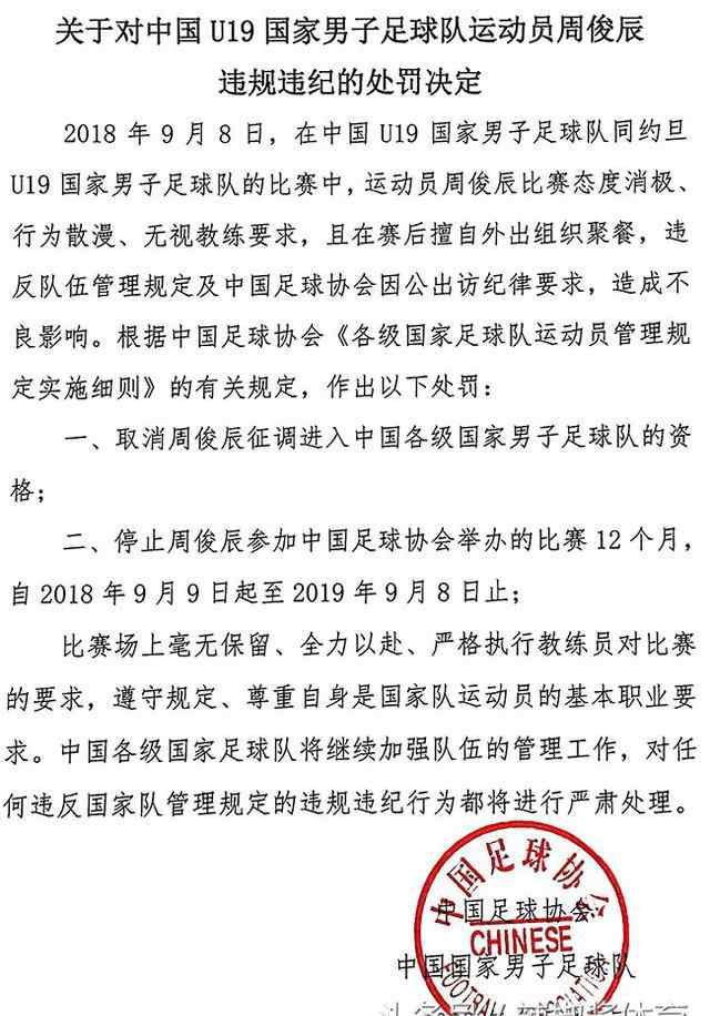 周俊辰禁赛一年 足协重罚国青小将最新消息：周俊辰禁赛一年 到底犯了什么错？