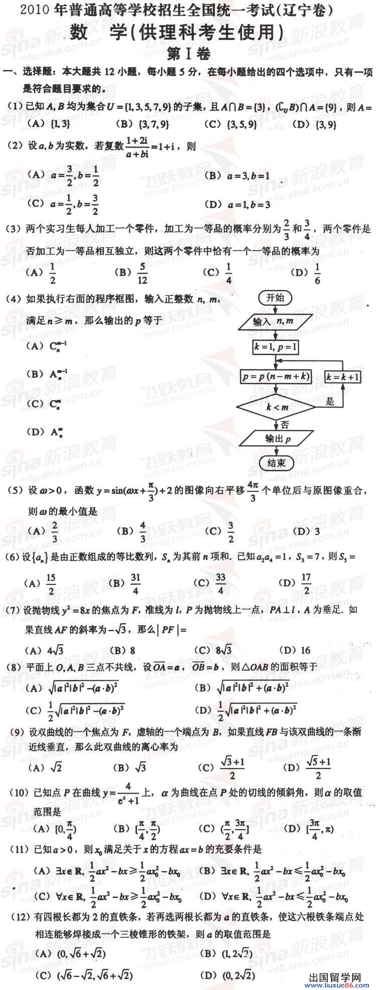 2010辽宁高考数学 2010辽宁普通高考招生数学理真题和参考答案