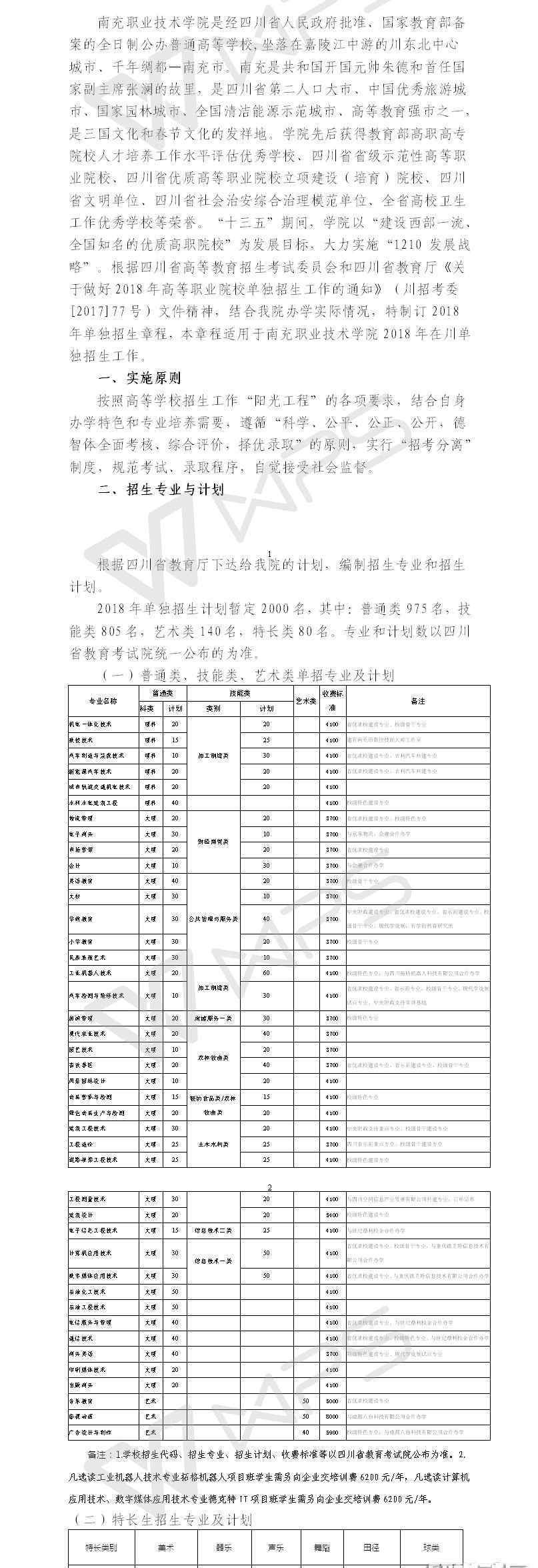 南充职业技术学院单招 南充职业技术学院2018单独招生章程