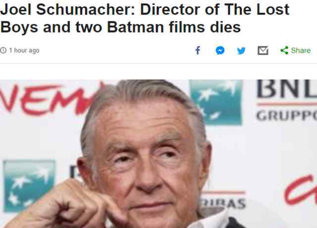 蝙蝠侠系列电影 导演乔舒马赫去世，曾执导《蝙蝠侠》系列电影