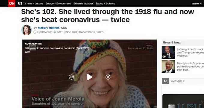 102岁纽约老妇两次战胜新冠 躲过1918年西班牙大流感 笑容感染网友
